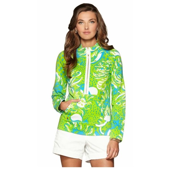 Lilly Pulitzer Women’s M Skipper Solid Popover Sweatshirt Green Palm Print - Picture 9 of 9
